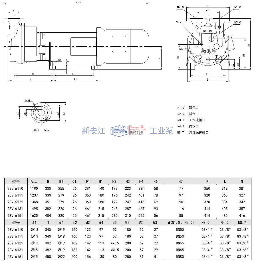 2BV6系列液环式真空泵的外形尺寸安装图